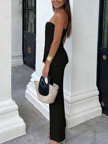 2pcs Elegant Minimalist Holiday Party Commute Daily Business Suit Top, Back To School Summer Black - Black - View 6
