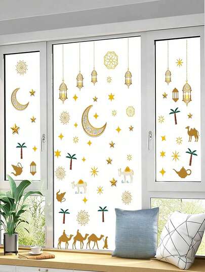 月亮灯笼星星墙贴，静电吸附玻璃窗贴，双面可见装饰墙贴