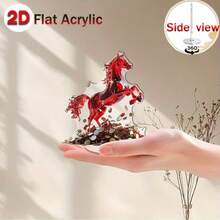 1件2D亚克力旋转马雕塑 - 超现实红色玻璃马，金色装饰，优雅的办公桌摆件，适合营造高档办公室或家居氛围，马形装饰品，房间装饰，家居摆件，家居微缩物件 - 多彩 - 查看 5