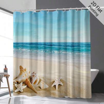1pc Starfish & Seashell Pattern Digital Printing Mildew Resistant Waterproof Shower Curtain, 12 Plastic Hooks And Metal Grommets, Durable And Sturdy Bathroom Accessory