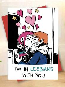 1pc, Unique Valentine's Day Card. LGBTQ Valentine's Card. Adult Valentine's Card. Includes Envelope. Premium Paper. Cartoon Girl Kissing Design. Love Card For LGBTQ. - Multicolor - View 9