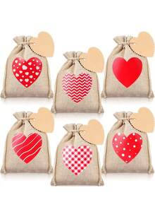 6 piezas Bolsas de lino con cordón con forma de corazón para el Día de San Valentín, incluye tarjetas y cordones de lino, bolsas de regalo con cordón de lino con diseño de corazón para bodas, aptas para el Día de San Valentín, bodas, despedida de soltera, aniversario, Día de la Madre, fiesta de cumpleaños y otras ocasiones. - Multicolor - Ver 7