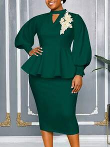 AOMEI 大码女士商务套装，绿色两件套，高领镂空荷叶边上衣，花卉贴花，正式秋季服装，优雅独特，时尚晚装，新年晚宴礼服 - 綠色 - 查看 2
