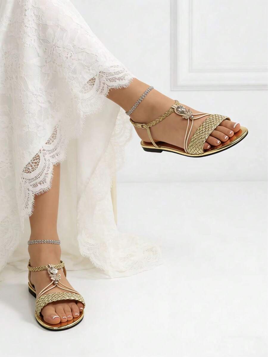 Giày sandal dệt màu vàng bóng cổ điển - Giày bệt quai ngang mắt cá chân bóng bẩy, phù hợp với váy dạ hội - Giày dự tiệc mùa hè phong cách Bohemian - Vàng - Xem 1