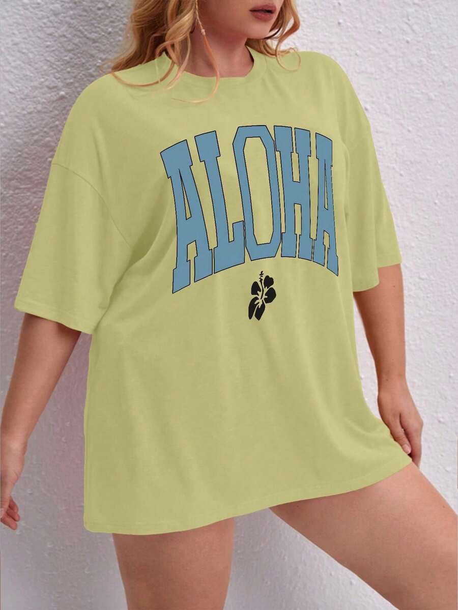 Oversized Printed Aloha Flower T-Shirt, Summer/Spring Short Sleeve Blouse, Lightweight Gym Wear - Yellow - View 1