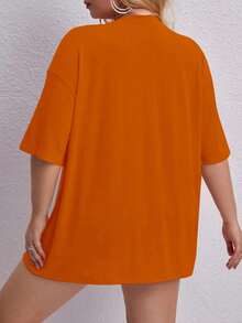 Oversized Printed Aloha Flower T-Shirt, Summer/Spring Short Sleeve Blouse, Lightweight Gym Wear - Orange - View 2
