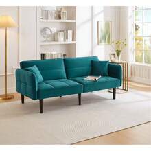 Adjustable 2-In-1 Sofa Bed – Two-Seater With Velvet Upholstery, Folding Armrests And A Sleeping Function, Ideal For Small Spaces - Teal Blue - View 10
