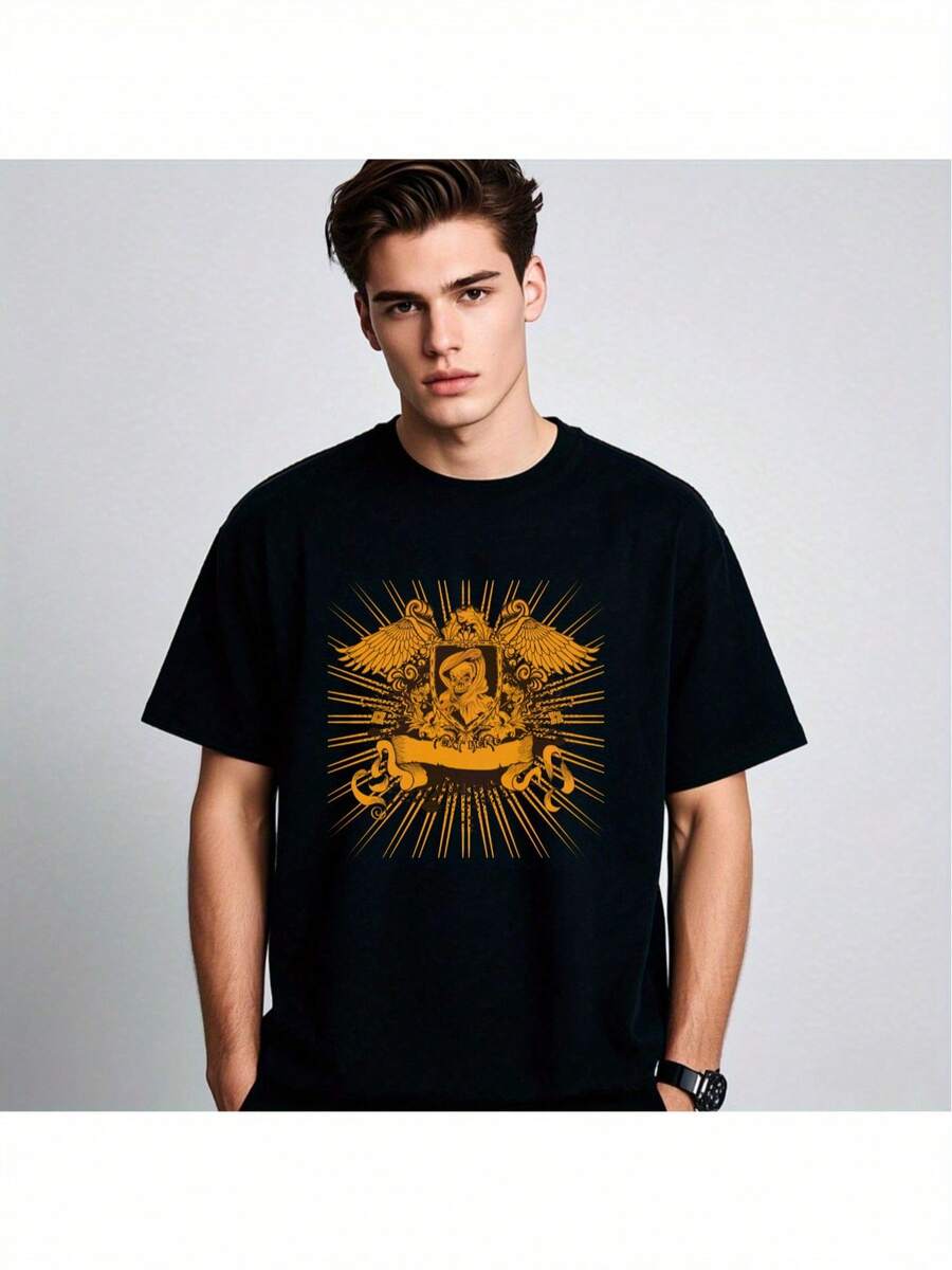 Camiseta gráfica negra para hombres con estampado geométrico dorado - Retro de ajuste holgado, manga corta, ropa casual de calle, camiseta de verano. Lavable aáquina. Camisa de diseño vintage. Tela transpirable. Estilo urbano. Camiseta Ligera. Camiseta estampada. Ropa para adultos - Negro - Ver 1