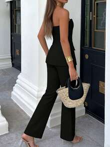 2pcs Elegant Minimalist Holiday Party Commute Daily Business Suit Top, Back To School Summer Black - Black - View 3