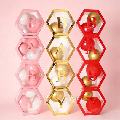 Cajas de decoración apilables con temática "BEBÉ" - Estas cajas apilables contienen decoraciones con letras "BEBÉ" llamativas (los globos no están incluidos) y vienen en tres encantadores esquemas de color: rosa, dorado y rojo, perfectos para cualquier ocasión.