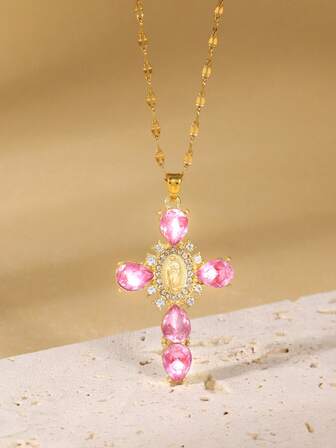 1 Stück Retro Jungfrau Maria Kreuz Anhänger Halskette Schmuck, künstlicher Kristall Anhänger, Strass Dekoration Halskette, religiös thematisierter Schmuck geeignet für Partytragen und Geschenkverpackung