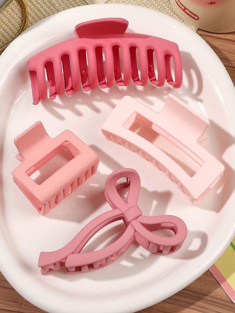 4个ABS材质可爱简约粉色蝴蝶结爪形发夹套装，百搭女孩秋冬发饰时尚爪夹优雅发爪 - 4件組-玫粉色系 - 查看 1