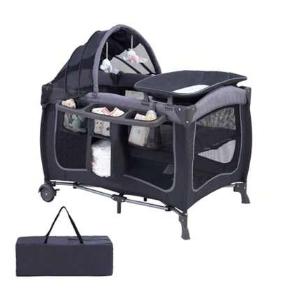 Portable Baby Crib Foldable Baby Portacot Travel Playard With Canopy Nursery Center Foldable Travel Playard With Changing Table Soft Mattress Hanging Toys And Carry Bag