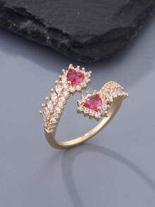 1pc Fashionable & Elegant Cubic Zirconia Heart-Shaped Women's Ring - Burgundy, Red Heart Design, Wheat Ear Shape, Suitable For Daily Wear And Gift - Wheat Ear Ring - View 3