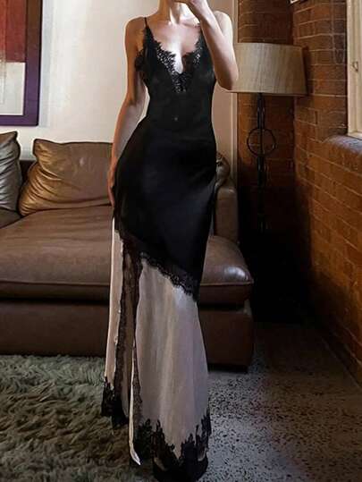 1件纯色性感休闲针织蕾丝拼接沙滩连衣裙，春夏款