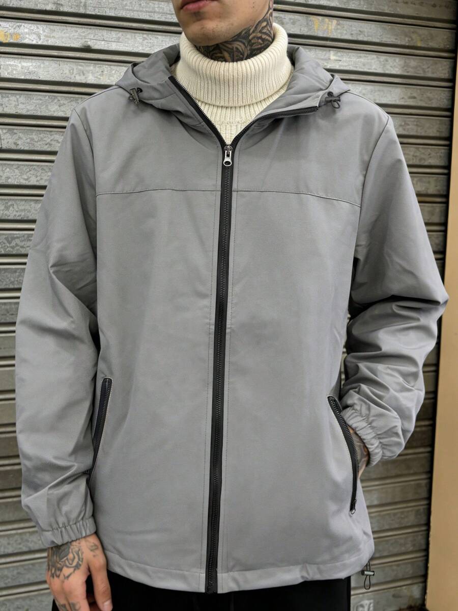 1pc Men's Jacket, Black Hooded Zip-Up Jacket - Light Grey - View 1