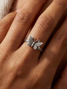 1枚简约独特925纯银复古蝴蝶藤蔓男女通用戒指，精美珠宝礼品 - 蝴蝶藤曼 - 查看 6