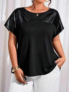 大码女式短袖圆领T恤，高弹面料，常规长度 - 黑色 - 查看 4