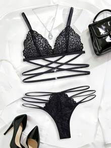 2-Piece New Arrival Women's Sexy Lingerie Set Adjustable Straps, Triple-Row Hook-And-Eye Closure, Triangle Cup Bra & Sexy Thong Pure White Erotic Lace Strap Comfortable Homewear Underwear Set - Black - View 4