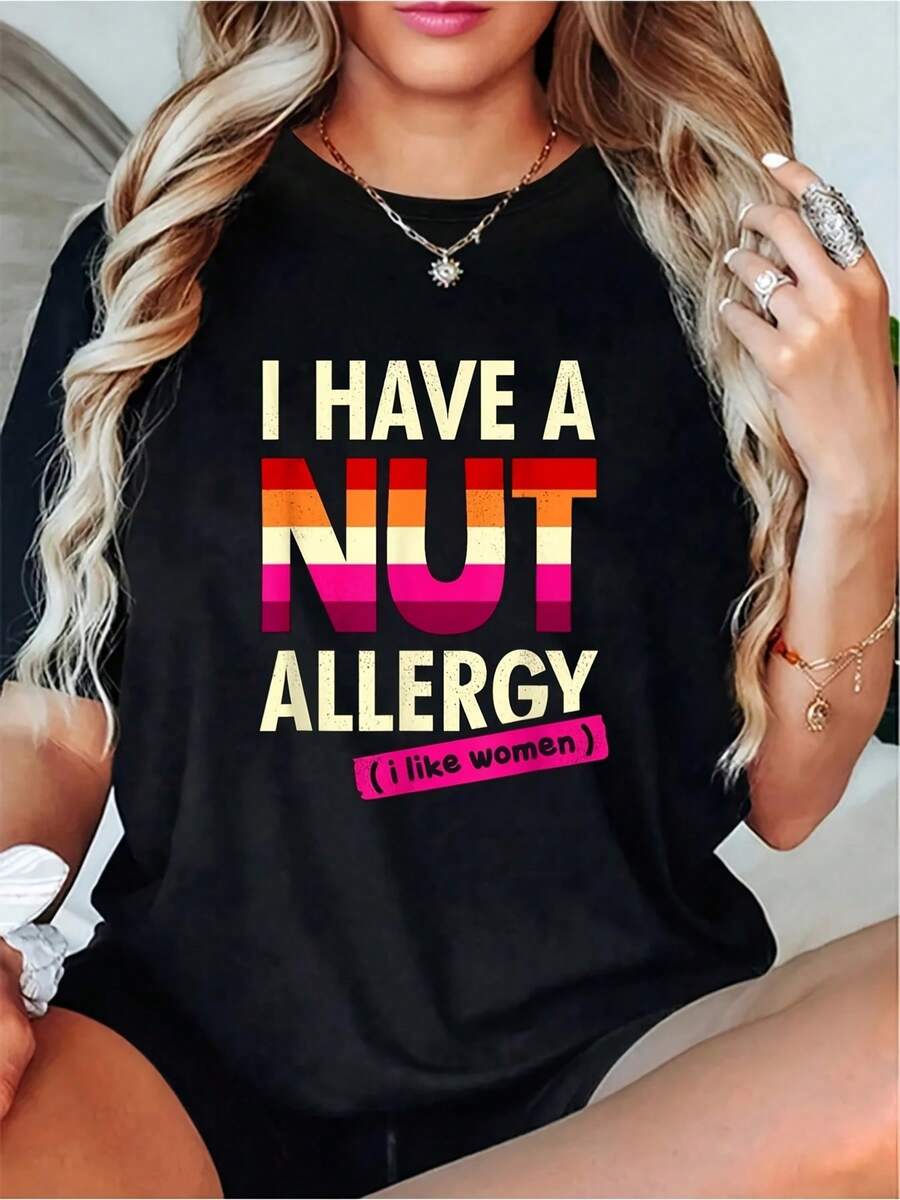 Women's Funny Lesbian Shirt I Have A Nut Allergy Lesbian T-Shirt - 黑色33 - 查看 1