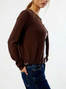 Womens Cardigan Sweaters Round Neck Long Sleeve Lightweight Button Down Sweater 2026 Spring Knit Tops - Dark Brown - View 5