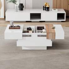 Mesa auxiliar de alto brillo de 70*70*39 cm con tablero extensible, mesa de centro cuadrada con almacenamiento oculto y divisores, blanco + color primario - Blanco - Ver 5