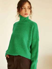 Knit Mix Women Solid High Neck Drop Shoulder Jumper - Green - View 4