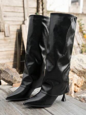 Women's Western Style Wide Hem Skirt & Pointed Toe Slim High Heel Over-The-Knee Boots