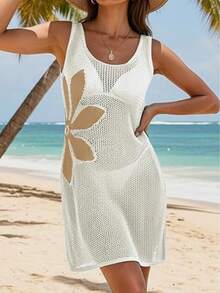 2026 Women's Hollow Out Summer Swimsuit Cover Up Crochet Beach Floral Slit Bikini Sleeveless Dresses - 白色 - 查看 6