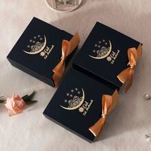 5pcs Eid Al-Fitr Mubarak Decorative Gift Box With Gold Stamping Star Moon Design - Luxury Paper Gift Box With Bow For Eid Mubarak Islamic Holiday Gifting, Family Celebrations And Event Decoration