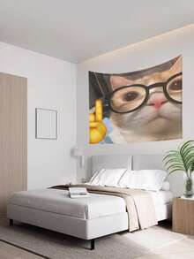 1 件趣味可爱猫咪设计壁挂挂毯，树剪影与星星印花矩形涤纶挂毯，适用于客厅、卧室、办公室墙壁装饰、派对装饰，附带 3 个墙钉和 2 个夹子 - 彩色 - 查看 4