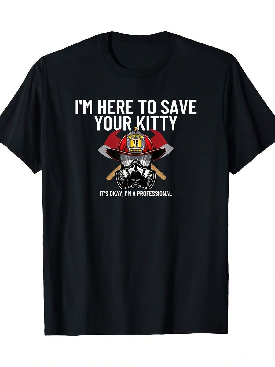 Men's Fun Firefighter Rescue T-Shirt - "Save Your Kitten" Slogan, 220g Pure Cotton Retro Firefighter Gift, Training Running Daily Wear Casual Street Style T-Shirt - 黑色 - 查看 1