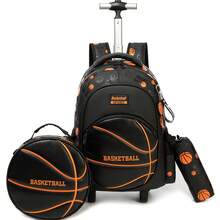 男童带轮背包，圆形，带扣，可作书包和铅笔盒，适合小学生、儿童足球旅行行李箱