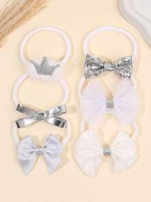 6pcs Silver Metallic Lace Headbands, Shiny Crown Plush Headbands For Baby Girls, Silver Glitter Hairbands, Cute Fabric Headbands For Infants, Baby Girl Gifts, Casual Headwraps, Baby Hair Accessories - Silver - View 4