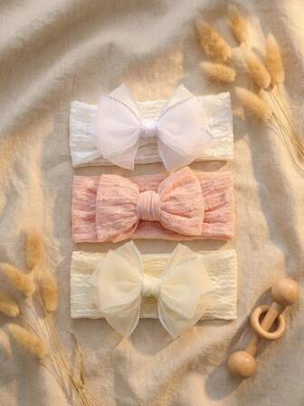 3pcs Baby Essentials Gift Set: Fluffy Bow Baby Headband, Silver Trim Super Soft, Sweet Macaron Colors Baby Hair Accessories & Baby Stuff