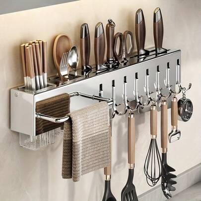 Soporte de pared para cuchillos de acero inoxidable de cocina, organizador de cuchillos multifuncional con soporte para palillos