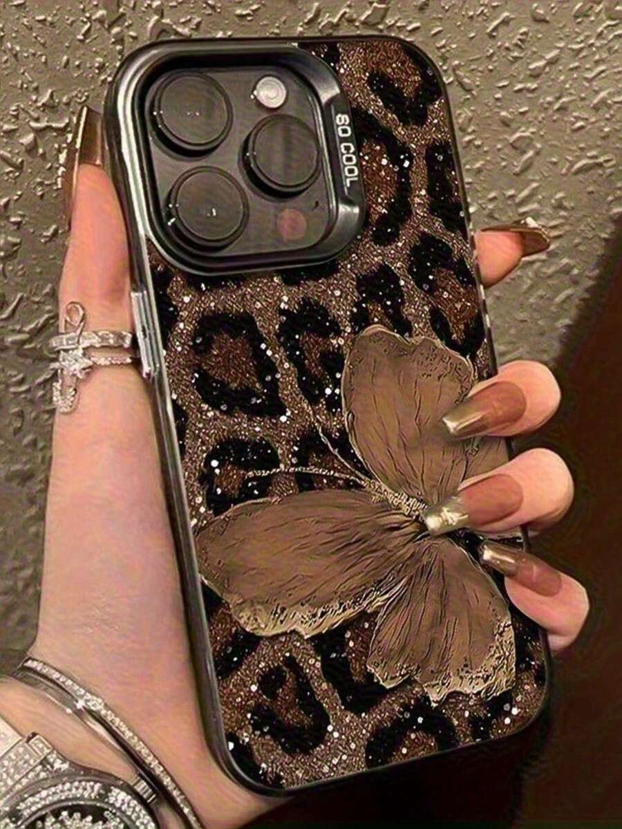 Schmetterling Leoparden-Muster Luxus Metallic Handyhülle kompatibel mit iPhone 15 Pro Max, 17 Air/16/11/13 Pro/15 Pro/15/13 Pro Max, stoßfestes Material kompatibel mit iPhone 14/13/12, passend für 12 Pro Max - Verschiedenfarbig - Übersicht 1