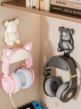 1pc Grey/White Headphone Stand, Dorm Wall Mount Headset Holder, Adhesive Earphone Hanger Hook, Creative No Drill