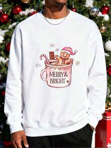 2026 Long Sleeve Tops WomenGingerbread Man In Mug Sweatshirt, Men's Christmas Holiday Sweater, Merry & Bright Festive Pullover, Gift For Christmas Enthusiasts, Winter Seasonal Fashion TopLoose And Comfortablesudaderas Para Mujer Parke Sweatshirt - 白色 - 查看 1