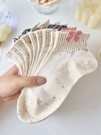 4 Pairs Women's White Ankle Socks With Floral And Bow Embroidery, Striped, Moisture-Wicking And Comfortable, Suitable For Spring And Summer, Random Colors