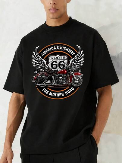 Motocicleta clásica roja con alas plateadas simbolizando libertad en la legendaria Ruta 66 y el espíritu aventurero en carretera camiseta de hombre 100% algodón 220g