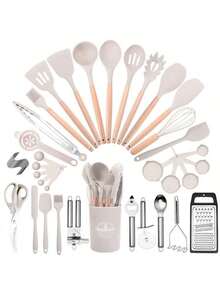 12件套硅胶烹饪用具套装，炊具套装，带木柄不粘锅套装，可清洗现代炊具，厨房必备，厨房工具 - 卡其色 - 查看 2