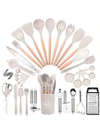 12pcs Silicone Cooking Utensil Set, Cookware Set, Non-Stick Pan Set With Wooden Handle, Washable Modern Cookware, Kitchen Essentials, Kitchen Tools