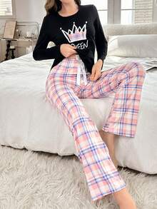 2pcs Women Casual Sleepwear Set - Letter Crown Print Top And Plaid Pants - Black - View 5