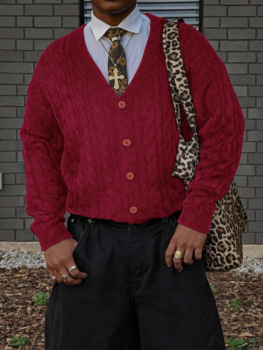 ANDREILEE 男士 V 领休闲宽松开衫毛衣，百搭美式街头风长袖针织套头衫，春/秋/冬 - 紅色 - 查看 1