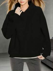 Classic Solid Color Women's Casual Sweatshirt, Loose And Comfortable, Suitable For Winter, Spring, Autumn - Black - View 3