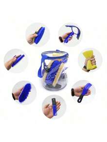 8件套马匹护理套装，带收纳袋，包括马刷、梳子、刮汗器、吸水海绵及其他马匹清洗和护理配件