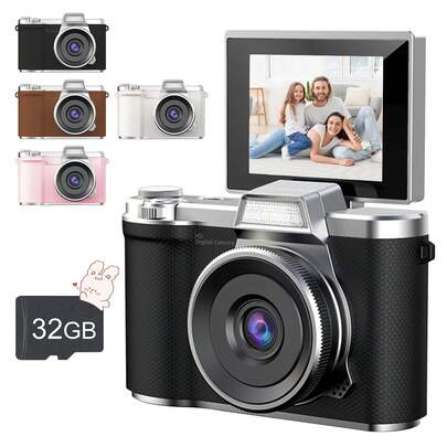 180° fällbar digitalkamera - 1080p video- och fotokamera i fickformat, lämplig för nybörjare, resenärer, vloggare (inkluderar 32 GB minneskort, en perfekt jul-/nyårspresent)