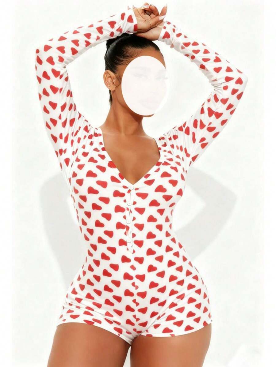 Womens Valentine's Day .Y Romper Y2k Heart V-Neck Shorts Jumpsuit One Piece Bodysuit Pjs Galentine Pajama - 白色 - 查看 1