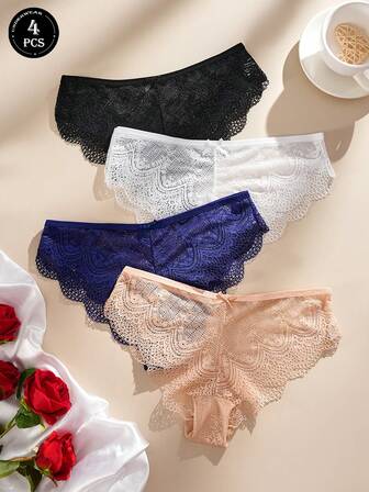 3pcs Women's Triangle Panties Lace Splicing Solid Color Bowknot Semi-Transparent Sexy Comfortable Women's Triangle Panties